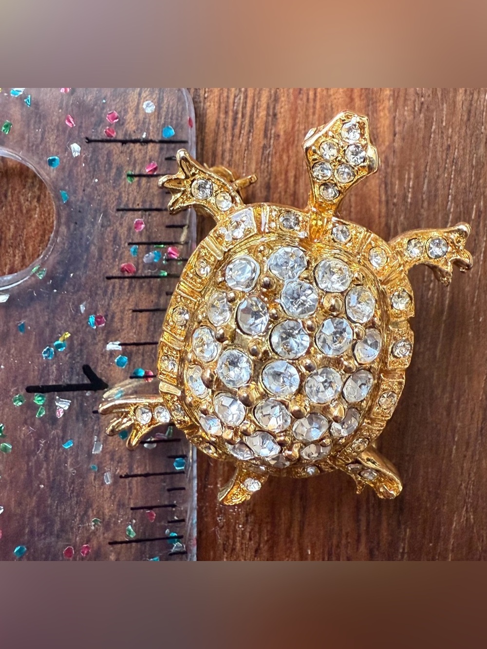 Vintage Gold Tone Clear Rhinestone Brooch - Sparkling Turtle Pin
